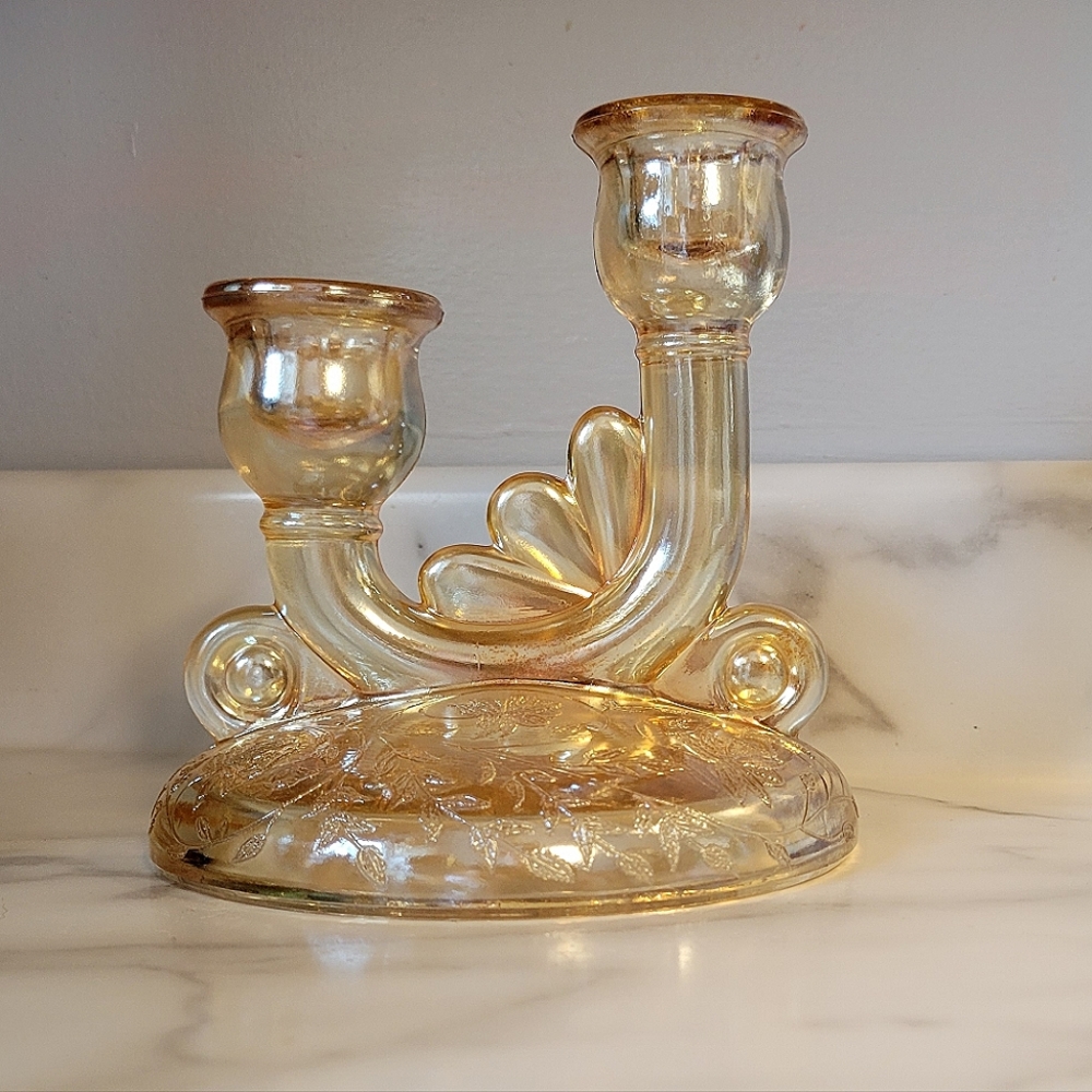 Vintage Floragold Jeanette Glass 1950's Carnival glass Double Candlestick holder